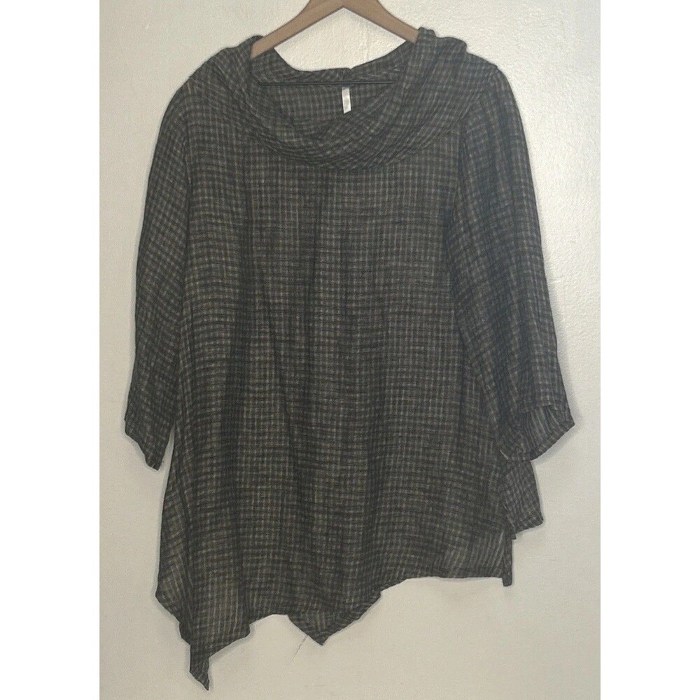 Kiyo Blouse Large Black Gray Textured Plaid Asymmetrical Cowl Neck Pullover Top